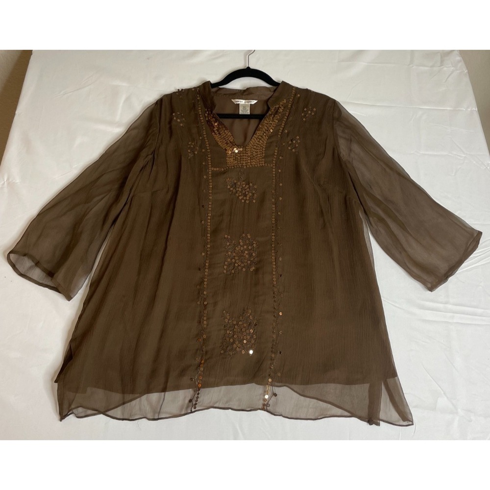 Edward Womens 2X Embellished Blouse Top Brown Silk‎ Flowy Semi Sheer Lined Fairy